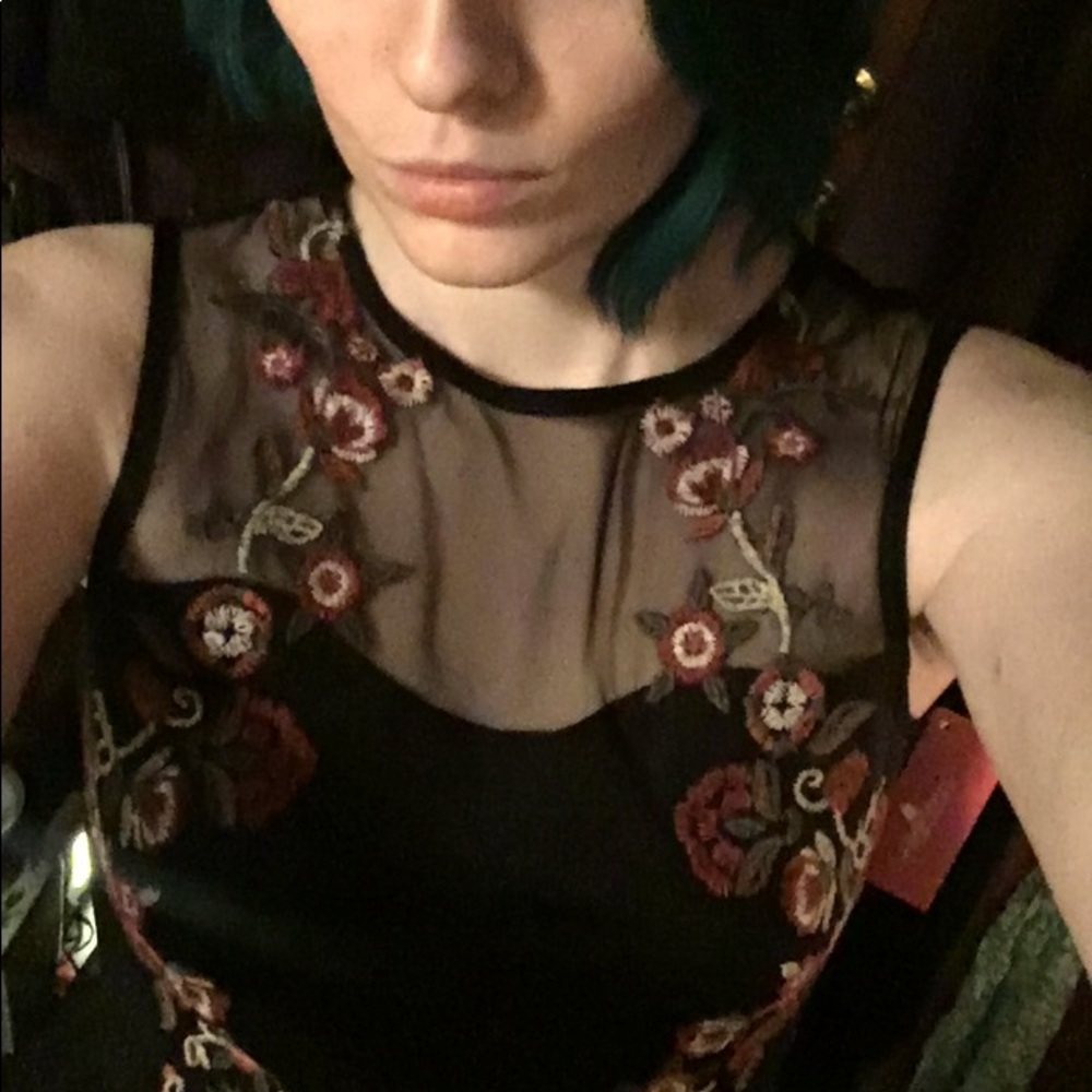Black Mesh Embroidered Flowers Panel Dress